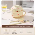 Ceramic instant noodle bowl set with handle lid spoon chopsticks cute heart pattern kitchen - Cream Yellow with Red Heart