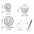 Tabella taglie del set di stoviglie in ceramica con ciotole, piatti, cucchiaio e bacchette. - Set da 5 Pezzi Sky Garden C