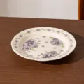 8-inch ceramic shallow dinner plate with purple floral underglaze design for kitchen table use. - 8-inch Lotus Edge Shallow Plate / Milky White Glaze Purple Floral