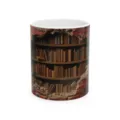 Detailed close-up of the creative 3D bookshelf print on a white ceramic coffee mug body. - Style 3