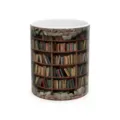 Detailed close-up view of a ceramic coffee mug featuring a unique 3D bookshelf and brick print design. - Style 4