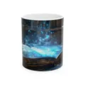 Magical open book print detail on ceramic coffee mug, glowing blue sparks and bookshelf. - Style 5