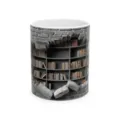 3D bookshelf illusion ceramic mug detail shot, unique broken brick wall pattern office coffee cup - Style 8