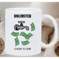 White ceramic coffee mug with funny unlimited cash flow graphic design for office use daily. - 5