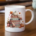Taza de cafe de ceramica blanca con diseño grafico de libros de otoño y calabaza. - 301-400ml / Estilo 1