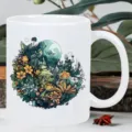 White ceramic coffee mug with botanical fantasy illustration for office use and daily drink. - 6