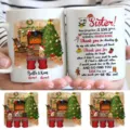 Customizable Christmas sister coffee mug with warm fireplace design and personalized names text. - Style 16