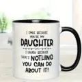 Ceramic coffee mug detail view, white and black design with funny daughter quote text print. - 301-400ml / Funny Quote Style
