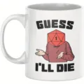 Close-up detail of the ceramic coffee mug featuring a funny d20 dice meme graphic print. - 301-400ml / Style 4