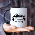 Ceramic coffee mug detail, black handle and rim, mountain pattern, office and home use cup - 301-400ml / Mountain Forest Style