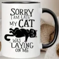 Close-up detail of white ceramic coffee mug featuring funny cat graphic and lettering design. - 301-400ml / Cat Funny Style