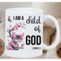 White ceramic coffee mug with religious quote and butterfly cherry blossom print detail 11oz - Style 6