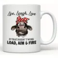 Detail view of a white ceramic coffee mug featuring a cute cartoon cow and funny quote text. - Style 7