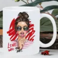 Close-up detail of a white ceramic coffee mug featuring stylish fashion illustration art. - Style 4