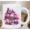 White ceramic coffee mug featuring a cute fantasy cottage print, ideal for office or home. - Style 8