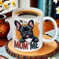 Vista detallada de una taza de café de cerámica blanca con lindo diseño de bulldog francés. - 301-400ml / Letra C