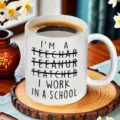Detailaufnahme der lustigen Lehrer Kaffeetasse auf Holzuntersetzer, Keramik Becher. - 301-400ml / Stil 4