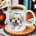 Nahaufnahme der weißen Keramik-Kaffeetasse mit süßem 3D-Hunde-Design auf Holz. - 301-400ml / Buchstabe G