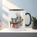 White ceramic coffee mug with black handle and vintage sewing machine illustration for office - Style 2