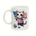 White ceramic coffee mug with cute cartoon cat playing soccer and patriotic design, 11oz. - 301-400ml / Style 5