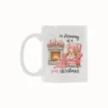 Detailed close-up view of white ceramic coffee mug featuring cute pink Christmas puppy print. - Style 10