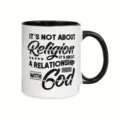 Detail view of white ceramic coffee mug with black handle and inspirational religious quote print. - Style 9