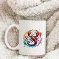 Primer plano de una taza de cerámica blanca con un colorido patrón zodiacal de escorpión en una manta. - Estilo 14