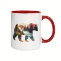 Close-up detail of ceramic coffee mug featuring artistic forest landscape bear pattern on side - Style 15