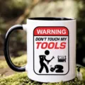 Ceramic coffee mug detail view, black handle and rim, funny warning tool design, office cup. - 301-400ml / Style 9