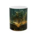 Detailed view of white ceramic coffee mug featuring magical tree and open book print design. - Style 10