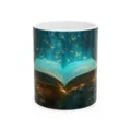 Ceramic coffee mug featuring a magical glowing book and butterflies design, perfect for office use. - Style 11