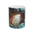 Close-up detail of a white ceramic coffee mug featuring a stunning 3D surreal book cave print. - Style 12
