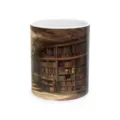 Detailed view of ceramic coffee mug featuring a unique 3D library cave design print. - Style 15