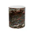 Close-up detail of the ceramic coffee mug featuring unique 3D book stack illusion pattern. - Style 20