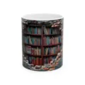 Close-up detail of 3D bookshelf pattern printed on ceramic coffee mug for office use. - Style 22