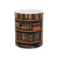 Close-up detail of the ceramic mug featuring vintage 3d bookshelf pattern print clearly. - Style 23