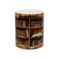 Detailed shot of a 3D bookshelf print ceramic coffee mug with a white interior. - Style 25
