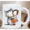 Detailansicht einer weißen Keramik Kaffeetasse mit niedlicher Katzen und Mädchen Illustration. - Mädchen und Katze Stil