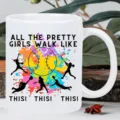 White ceramic coffee mug with watercolor softball graphic design for office and home daily use. - Softball Theme Style