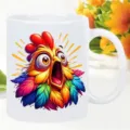 Detailed view of white ceramic coffee mug with vibrant colorful cartoon rooster print. - Cartoon Rooster Print