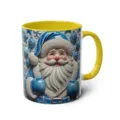 Blauer Weihnachtsmann Keramik Kaffeetasse mit gelbem Griff und Innenraum für das Büro. - Stil 3