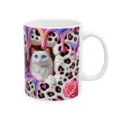 White ceramic coffee mug featuring a cute 3D white cat and vibrant dripping paint pattern. - 301-400ml / Style 13