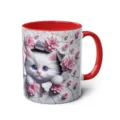 Charming 3D white cat ceramic coffee mug with bright red handle and interior floral print decor - 301-400ml / Style 15