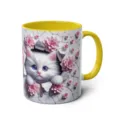 Ceramic coffee mug featuring a 3D cute white cat and pink flowers, yellow handle and inside. - 301-400ml / Style 16