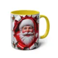 Christmas 3D Santa Claus ceramic coffee mug with bright yellow handle and inner rim. - 17