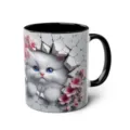 3D white cat ceramic coffee mug with black handle and cute floral cracked wall print design. - 301-400ml / Style 27