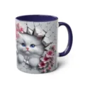 3D Cute White Cat Ceramic Coffee Mug with Blue Handle and Pink Flower Cracked Wall Design - 301-400ml / Style 32