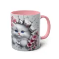 Pink ceramic coffee mug with 3D white cat design, cute floral print, pink handle cup - 301-400ml / Style 33