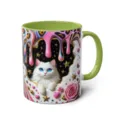 Cute white cat ceramic coffee mug with green handle and vibrant 3D fantasy print design. - 301-400ml / Style 37