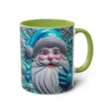 3D Santa Claus ceramic coffee mug with green handle and festive winter snowflake design. - 39